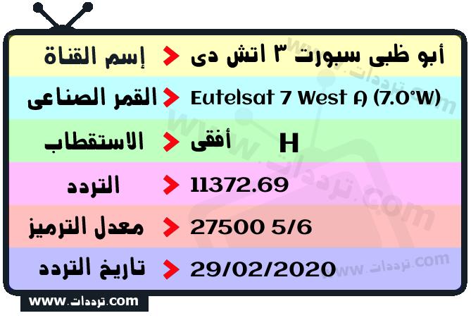 تردد قناة أبو ظبي سبورت 3 اتش دي على القمر يوتلسات 7 غربا 2024